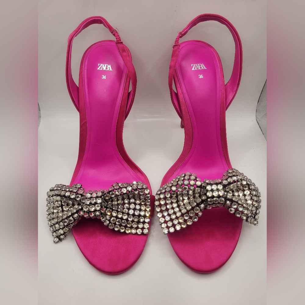 Zara Pink Strappy Heels with Rhinestone Bow